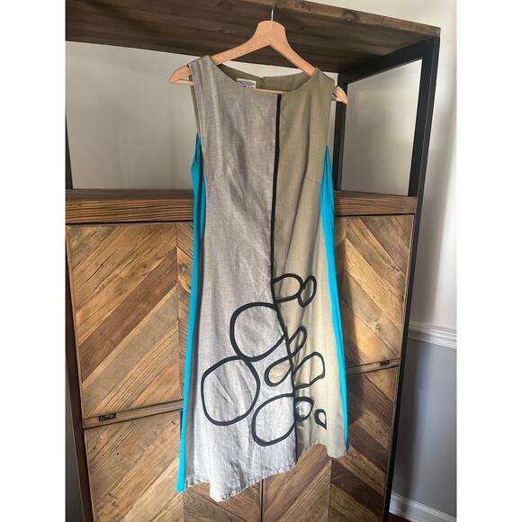 Mixed Material Linen and Cotton Sleeveless Dress Flax and Turqoise Small/Medium - Picture 3 of 7